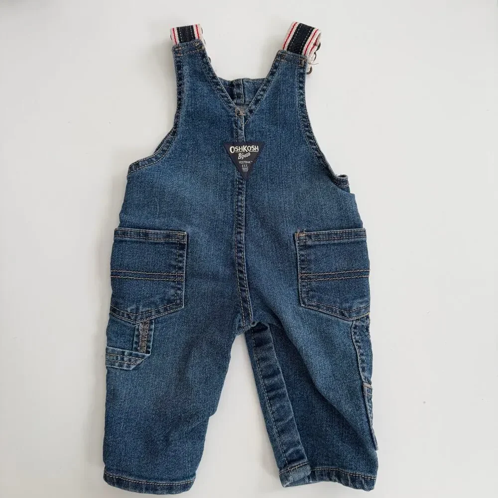 Oshkosh blue denim overalls red stripe straps